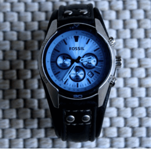Fossil Chronograph Watch – Arctic Blue Dial with Black Leather Strap